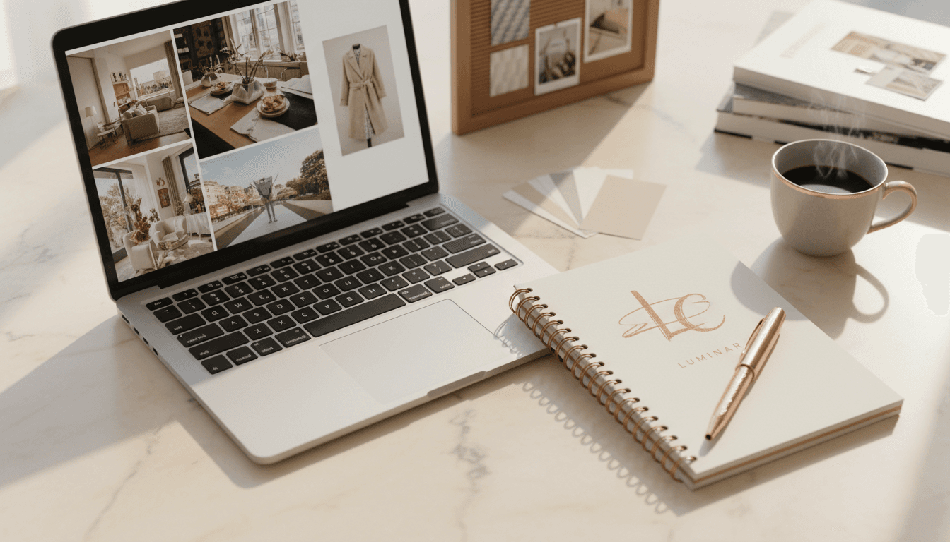 Luxury workspace with laptop and design elements