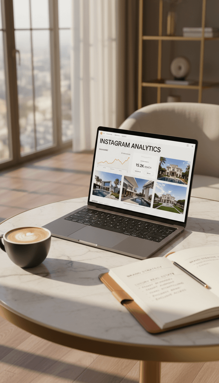 Luxury brand marketing workspace with laptop, strategy notes, and premium materials